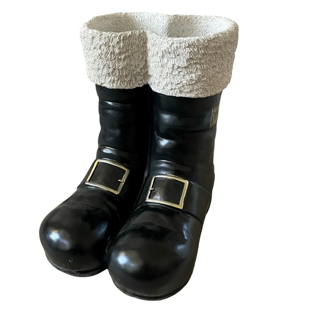 Santa Boots MERRY CHRISTMAS Container Planter Holiday Black Gold White Holiday